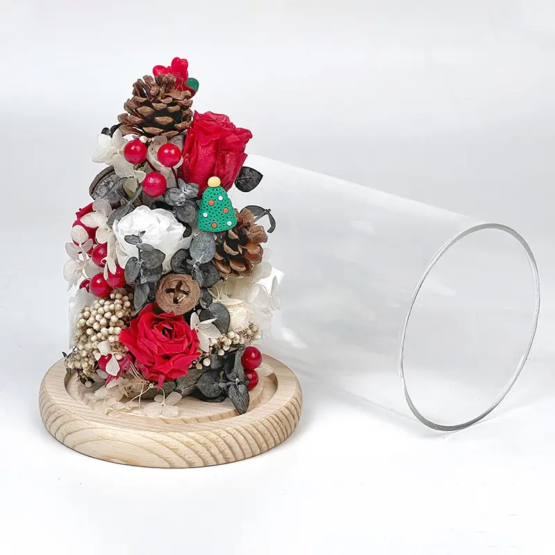 Creative Mini Christmas Tree Desktop Decoration Glass Cover Preserved Flower Christmas Ornament Valentine's Day Gift