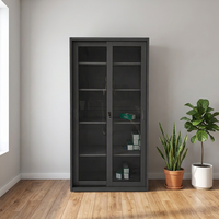 Armoire de classement métallique à grande capacité avec 2 portes coulissantes en verre, casier de rangement de bureau en acier avec serrure de sécurité, couleur noire