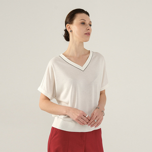 Nouveau <span class=keywords><strong>pull</strong></span> en maille pour femme, printemps 2026, à manches courtes, col en V, couleur contrastée, ample - Product Image 3