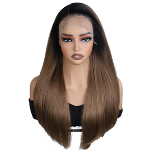 Perruque Synthétique Frontale en Dentelle 13x6, 24 Pouces, Châtain Chocolat, Raie Libre, Longue et Lisse, Ombrée Châtain Blond avec Mèches, Résistante à la Chaleur - Product Image 4
