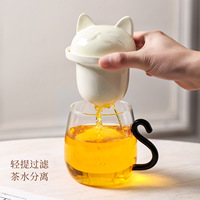 Mug à thé en verre à double paroi en forme de chat, résistant au lave-vaisselle, avec infuseur, en borosilicate, tasse mignonne de dessin animé avec poignée en forme de queue pour la maison et le bureau