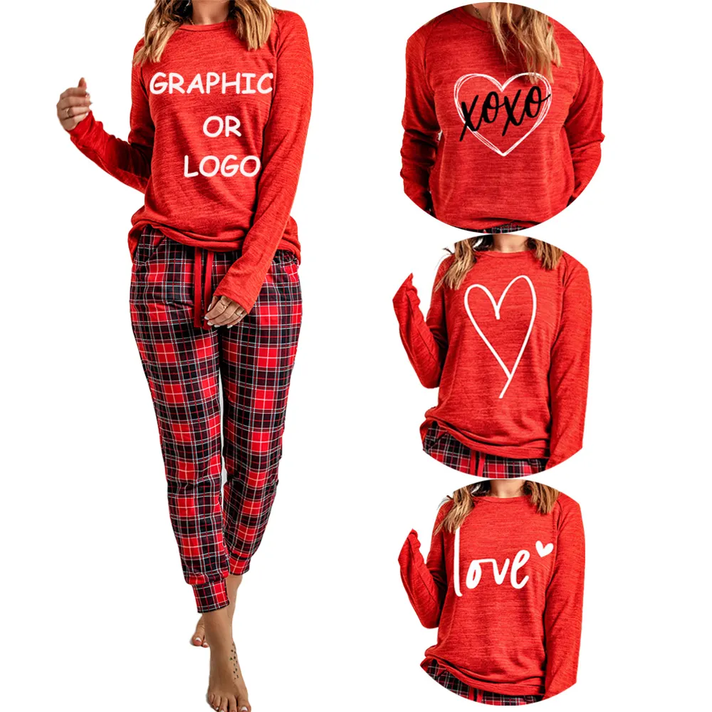 Pyjama en coton deux pièces pour femmes, ensemble décontracté, confortable, à carreaux, de saint-valentin, Logo personnalisé, collection