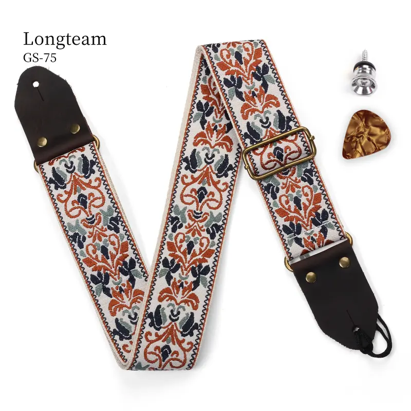 Longteam Embroidery Style Guitar Strap With Crazy Horse Leather End For Electric And Acoustic Guitars