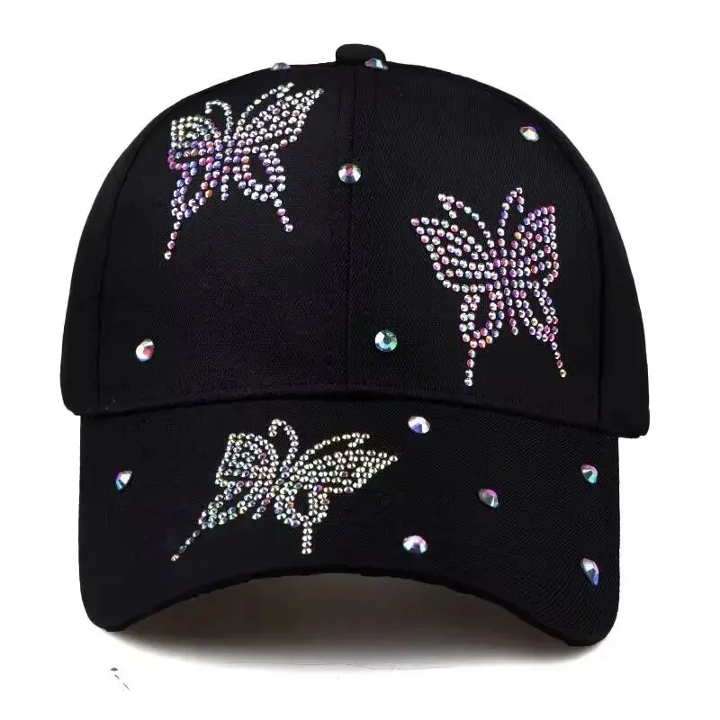 Niñas Mujeres 100% Algodón Bling Sombreros de béisbol con diamantes de imitación de mariposa y tachuelas Crystal Casquette Sombreros de verano Gorra de moda