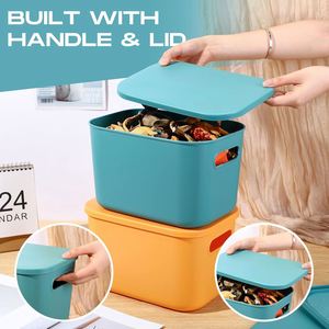 Colorful Storage Bins with Lid and Handle Plastic Stackable Baskets Desktop Cube <b>Box</b> Cubby Bins Containers for Shelf Cabinet - Product Image 5