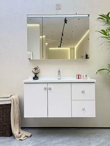 Modern Wall-Mounted Bathroom Vanity with LED <b>Mirror</b> Ceramic Basin MDF Minimalist Design Soft Closing Doors - Product Image 1