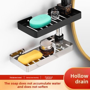 Jabonera rectangular minimalista de metal negro mate con autodrenaje para baño - Product Image 2