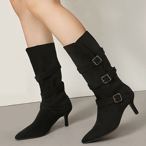 Women Pointed Toe Mid Calf Booties Suede Buckles Half Knee High <b>Boots</b> Wide Fit Big Size 46 High Heels Shoes - Product Image 2