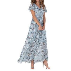 Vestido Maxi Elegante Casual de Verano 2026 para Mujer, Cuello en V, Estampado Floral Azul, con Volantes, Manga Corta, de Chifón - Product Image 1
