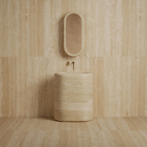Lavabo da bagno autoportante in travertino massiccio a forma di rettangolo arrotondato, modello Dream Home Viral - Product Image 1
