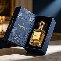 Boîte à parfum rigide magnétique bleu foncé personnalisée avec couvercle intérieur à motifs floraux, emballage cadeau de luxe pour parfum