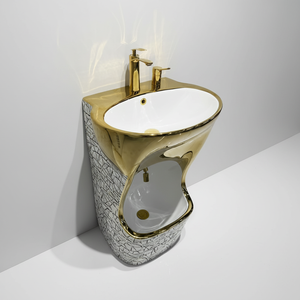 Lavabo da Bagno in Ceramica Bianca con Finitura Dorata Elettroplaccata Lucida, Design Moderno Ovale con Motivo a Linee Grigie, Premium per Hotel - Product Image 4