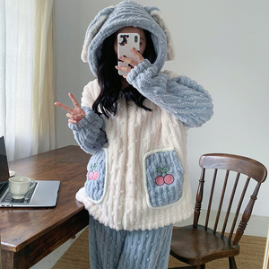 Pijamas de invierno para mujer con cremallera de felpa con capucha de dibujos animados lindo uso diario pijamas conjuntos de ropa de dormir - Product Image 4