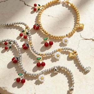 Bracelet et jonc imperméables en acier inoxydable 316L, plaqués or 14K 18K, avec perles cerises et breloques pour femmes - Product Image 3