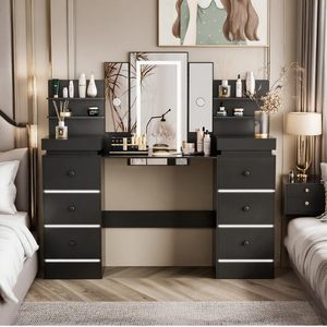 Miroir de coiffeuse moderne avec éclairage LED Wenfeng OEM/ODM avec <span class=keywords><strong>8</strong></span> <span class=keywords><strong>tiroirs</strong></span>, 6 étagères, 3 modes d'éclairage, coiffeuse de salle de bain réglable - Product Image 1