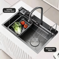 Évier de cuisine multifonctionnel cascade en SUS304 noir nano, cuve unique, fait main, avec poste de travail intégré, garantie 5 ans, à poser sur comptoir