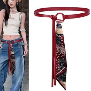 Cinturón de seda con estampado geométrico y hebilla de anillo en D para mujer, estilo informal hip hop, cadena decorativa para la cintura, accesorio decorativo para jeans - Product Image 1