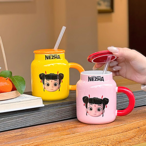 Taza de cerámica Nezha con tapa y pajita, diseño de dibujos animados para niñas, regalo de cumpleaños, uso en el hogar y la oficina - Product Image 2