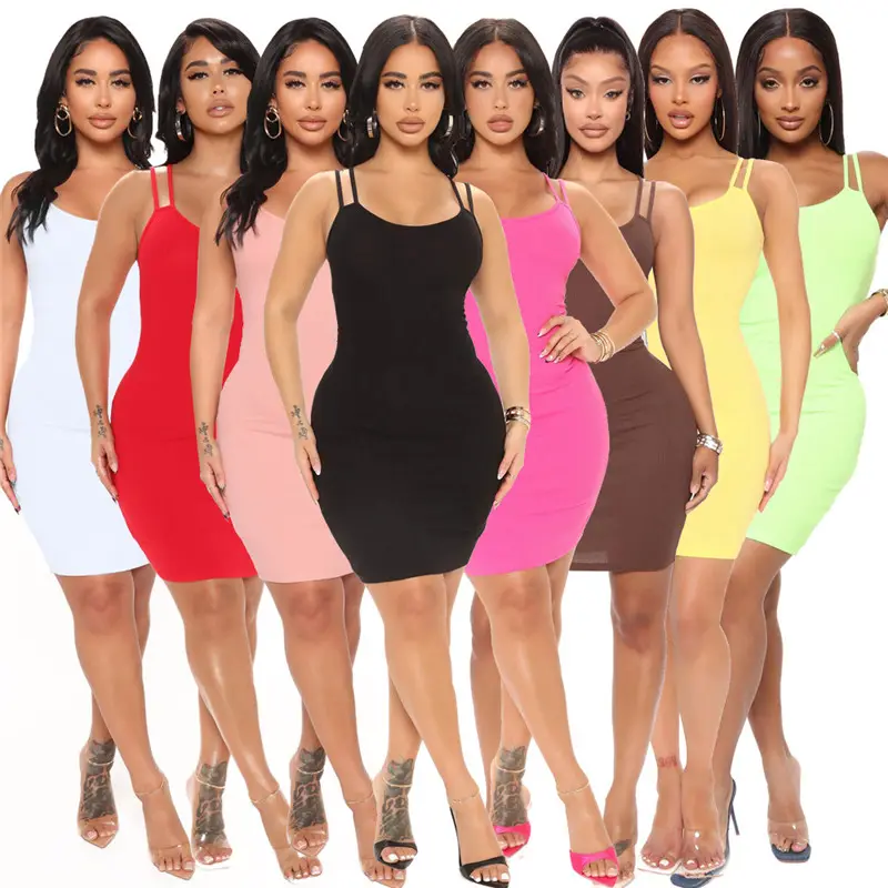 Yeni tasarım düz renk çift spagetti askı yensiz kadın yaz rahat güneş elbiseler kadın sexx bodycon elbise