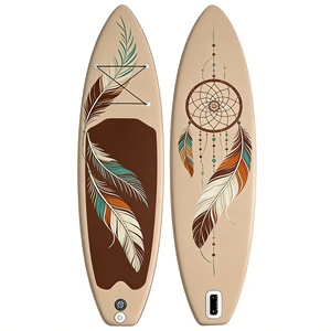 Planche de <span class=keywords><strong>paddle</strong></span> gonflable ISUP Drop Stitch OEM, motif plumes bohèmes dessinées à la main, losanges et rayures colorées, ambiance estivale - Product Image 1