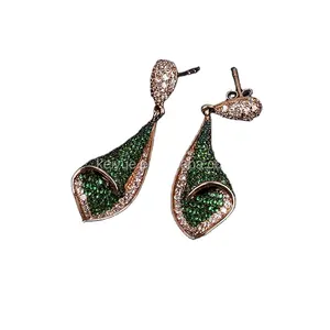 Keiyue anting-anting vintage wanita, anting-anting vintage berlapis emas mawar hijau cz mikro pave pernyataan ottoman perhiasan 925 perak murni