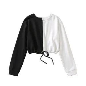100% 棉羊毛黑色和白色分色套头短款圆领运动衫