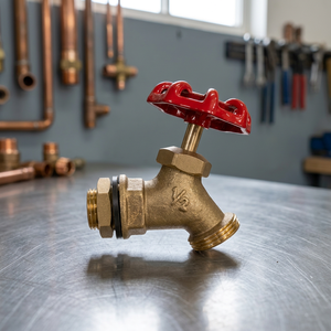 Brass Spigot With Red Wheel <b>Handle</b> Hose Bibs Outdoor Garden Faucet Rain Barrel Spigot Easy to Install Work With Hose Connector - Product Image 3
