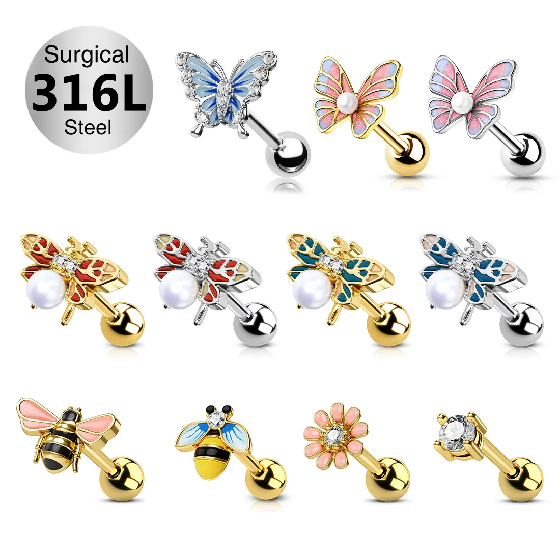 Acero inoxidable colorido CZ cartílago pendientes Flor Mariposa abeja Stud pendiente Pierce Helix joyería Tragus Piercing