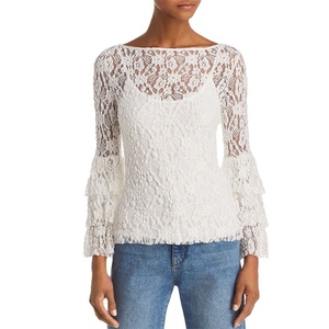 Nuova <span class=keywords><strong>Camicetta</strong></span> Bianca Personalizzata con Maniche Lunghe a Campana in <span class=keywords><strong>Pizzo</strong></span> Nero Traforato - Product Image 1