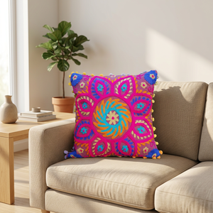 Embroidered Floral Suzani Handmade Christmas Cushion Cover Uzbekistan Style Cotton Waterproof Customizable All-Season Outdoor - Product Image 1