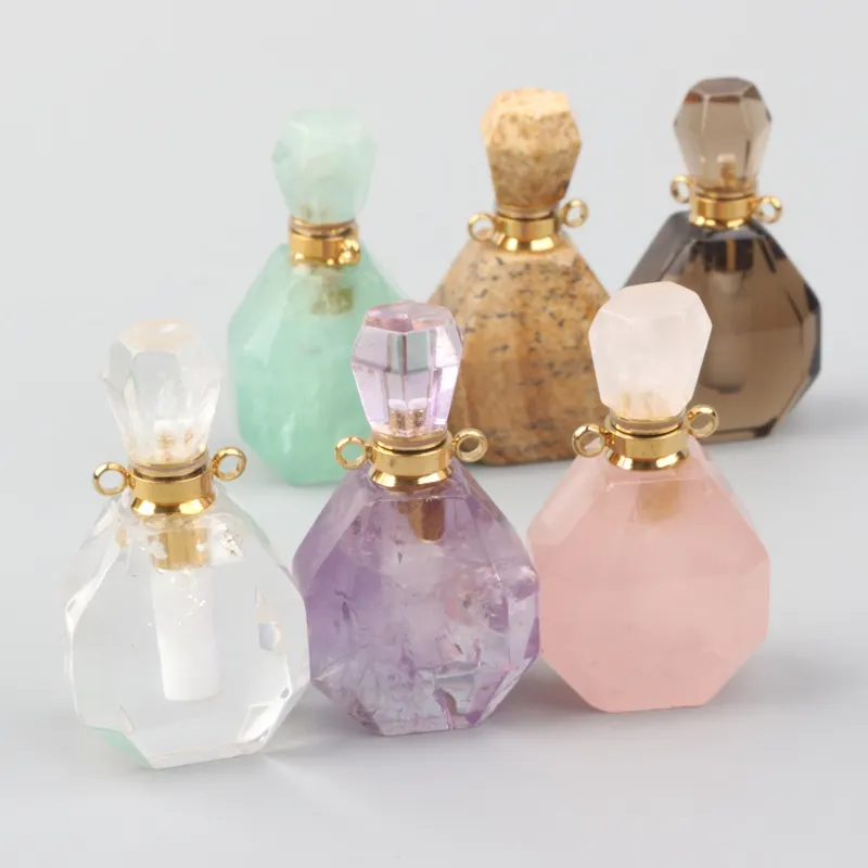 Luxe Exquis améthyste rose fumé quartz clair bouteille de parfum en cristal pendentif collier