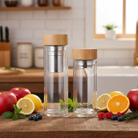 Bouteille d'eau en verre borosilicate à double paroi de luxe personnalisée de 420 ml, infuseur à thé en acier inoxydable, couvercle en bambou, anti-fuite