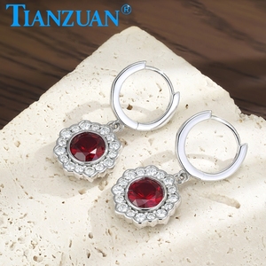 Pendientes <span class=keywords><strong>de</strong></span> Aro Redondos <span class=keywords><strong>de</strong></span> Plata <span class=keywords><strong>de</strong></span> Ley 925 con Rubí Creado en Laboratorio y Moissanita Redonda Lateral, Joyería para Regalo, Uso Diario o Fiestas - Product Image 5