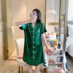 Baju Tidur Wanita Lengan Pendek, Baju Tidur Wanita, Baju Tidur Satin, Baju Tidur, Nyaman, Kancing Bawah, Lengan Pendek, Ukuran Plus, V-Neck, 2023