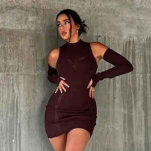 Gestrickte Frauen Gerade Freizeit kleid Sexy Damen Elegante Schokolade Braun Ärmel Kurzes Kleid Frau Herbst 2022 Frauen Kleidung