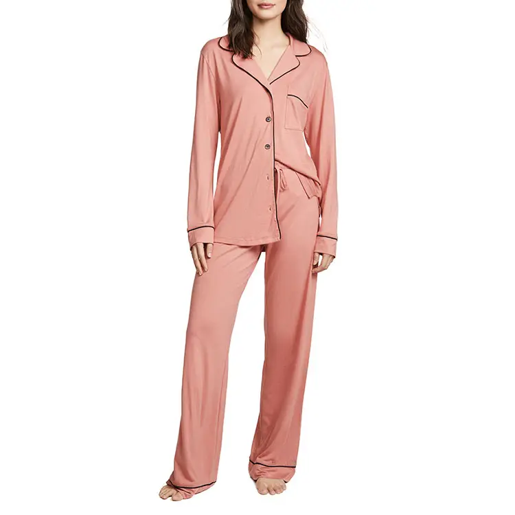 Custom Wholesale Ladies Spring Fall Thermal Side Split Sleepwear Bamboo Cotton Knit Pajamas For Women