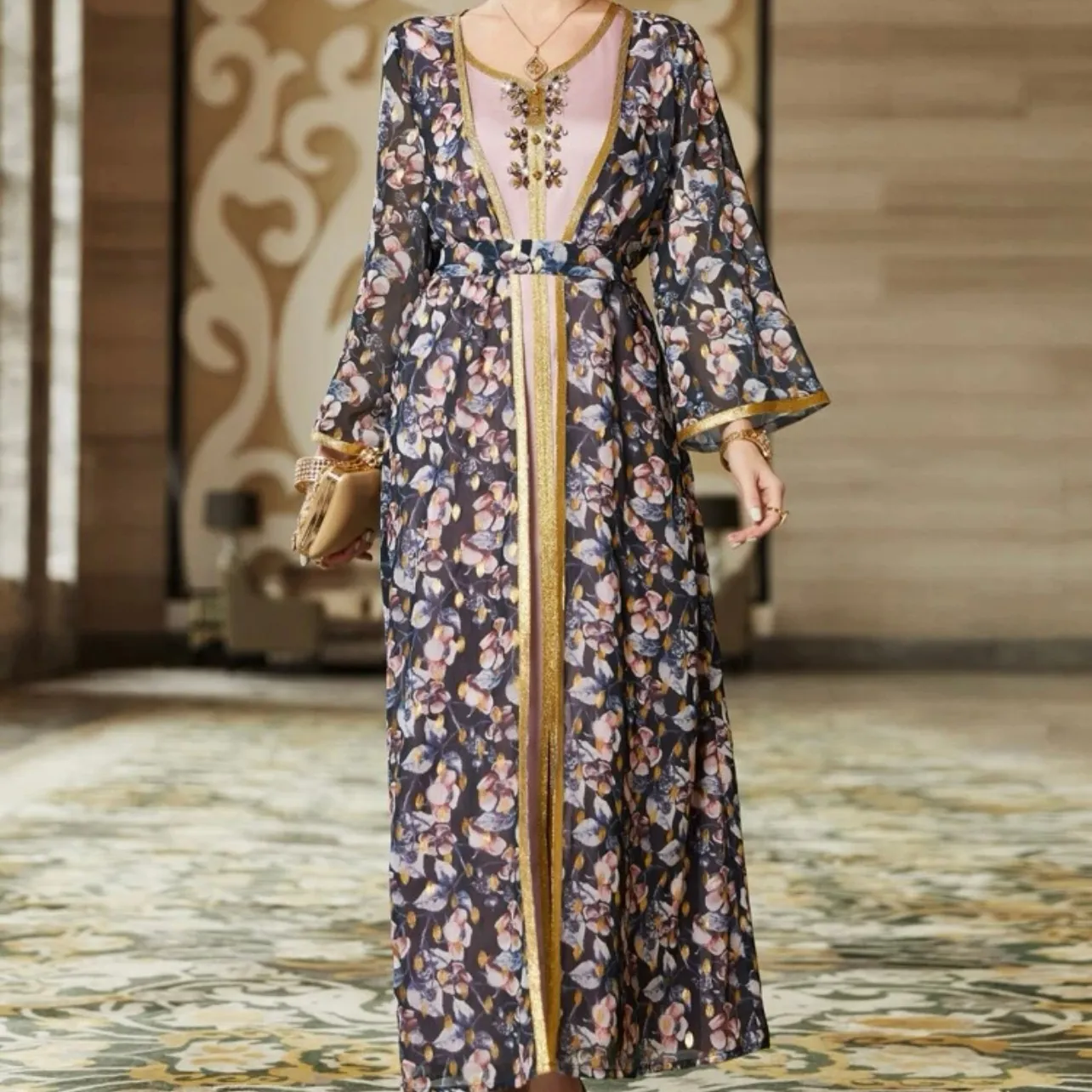 Llover-vestido de cuello redondo para mujer, ropa islámica de abaya y hinestone, 2 piezas