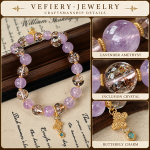 Bracelet en perles d'améthyste violette et de quartz clair avec breloque en forme de goutte dorée - Product Image 3