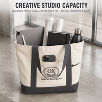 Sac fourre-tout en toile gris anthracite avec broderie personnalisée de blason ovale, sac à main bateau avec poche avant pour studio, trajets quotidiens et voyages