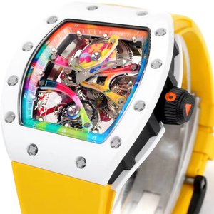 Montre de luxe à tourbillon squelette en forme de baril, couleur arc-en-ciel, boîtier blanc, bracelet en fluororubber jaune, montre-bracelet tendance, meilleure vente - Product Image 3