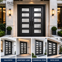 Porte d'entrée principale de villa moderne en fer grillagé à double battant, isolée, en verre trempé, anti-rouille, avec pulvérisation électrostatique