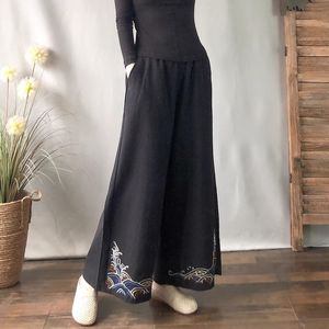 Loose Retro Chinese Style Elastic Waist Cotton Linen Pants With Embroidery Wide Legs For Women - Product Image 5
