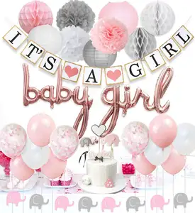 It's A Girl Banner Baby Girl Baby Shower Foil Balloons Baby Shower Supplies Pink Elephant Garland Elephant Cake Topper