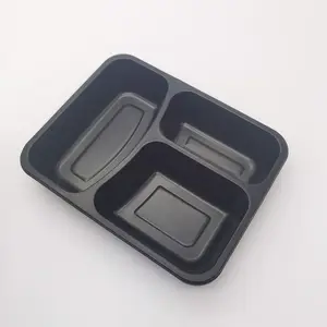Mikrowellen geeigneter PP-Kunststoff in Lebensmittel qualität Rechteckiger schwarzer Fast-Food-Behälter mit 3 Fächern