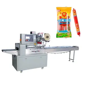 Industrial Automatic Feed Horizontal Flow Wrapper Bag Wrapping Packaging Pork Fish Sausage Pack Machine For Ham Meat Roll Tray