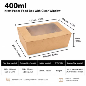 Boîte à emporter en papier kraft 400 ml avec couvercle à clapet et fenêtre en PE, boîte à lunch, contenant alimentaire, boîte écologique pour restaurant - Product Image 2