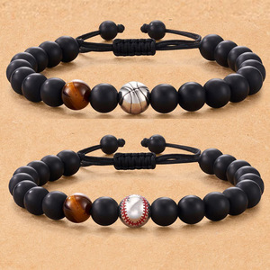 Pulsera de entrenador de fútbol y béisbol para hombre, negra mate, con ojo de tigre y circonitas, accesorio tejido con cuentas para boda y regalo - Product Image 2