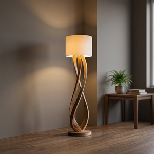 Modern Solid Wood Floor <b>Lamp</b> Twisted Spiral Base with <b>Drum</b> <b>Shade</b> for Home Decor - Product Image 4