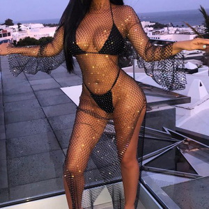 Vestido de red con pedrería para mujer, estilo europeo-americano, sexy, cuello redondo, manga larga, falda larga con abertura, translúcido, para discoteca - Product Image 1