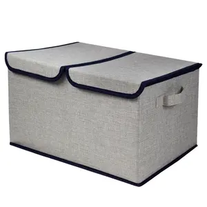 Caixa de armazenamento dobrável e à prova de poeira, compartimento com tampa dupla, organizador de linho de algodão, caixa de armazenamento de roupas